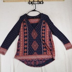 Lucky Brand Women's Boho Peasant Blouse Size L Navy Rust Pink Floral Geometric